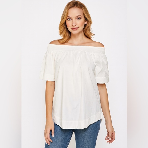 J. Crew white cotton poplin off the shoulder smocked white top size medium tall - Picture 1 of 9